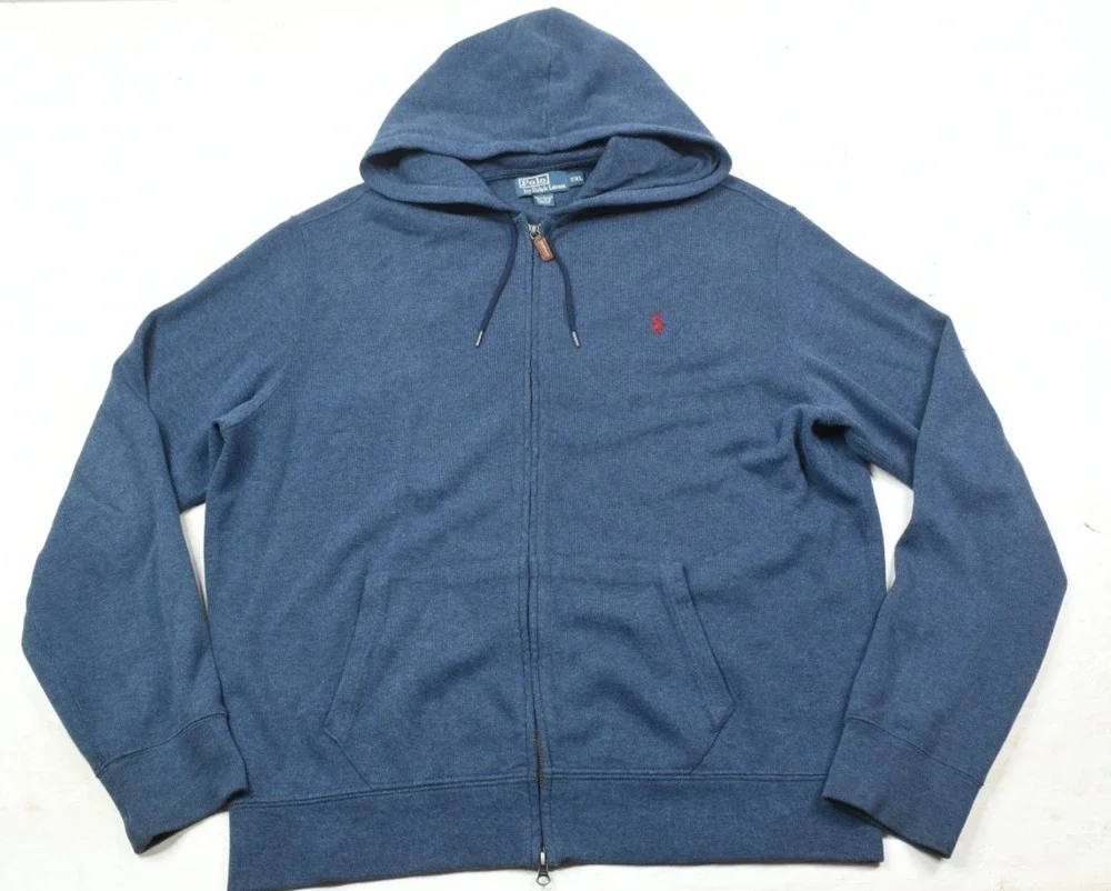 Vintage Polo Ralph Lauren Hoodie Mens 2XL Blue Full-Zip Long Sleeve Cotton